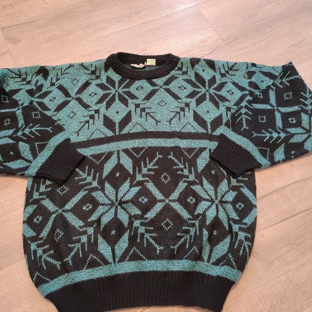 Vtg Collectif Sweater Snowflake AOP‎ Wool Blend 80s 90s Grandpa Abstract Medium